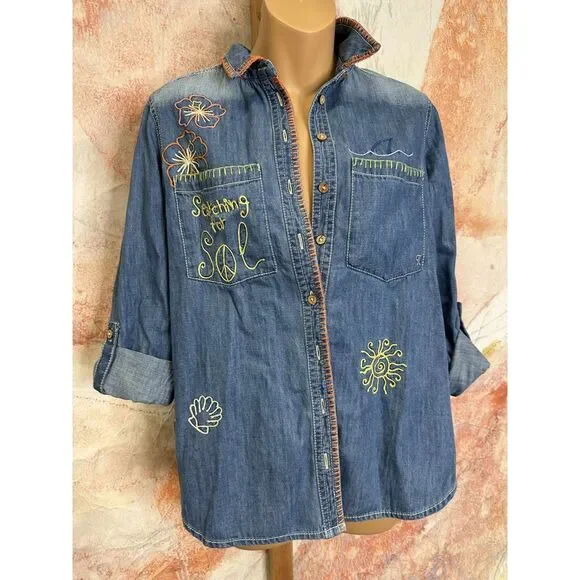 Anthropologie Pilcro Long-Sleeve Embroidered Icon Denim Buttondown Shirt - Picture 5 of 9